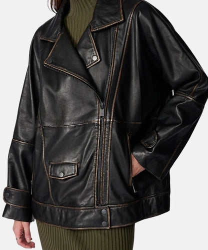 Oversized Moto Black Leather Jacket