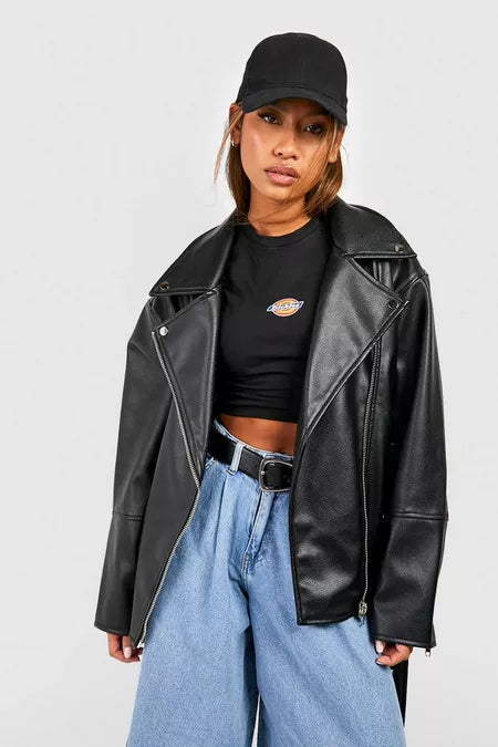 Women Oversized Belted Black Motorcycle Leather Jacket