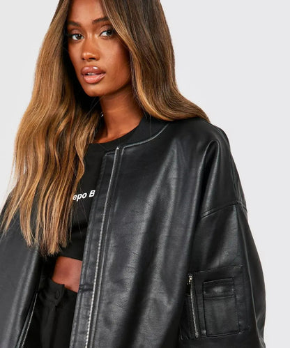 Oversized Black Leather Bomber Jacket