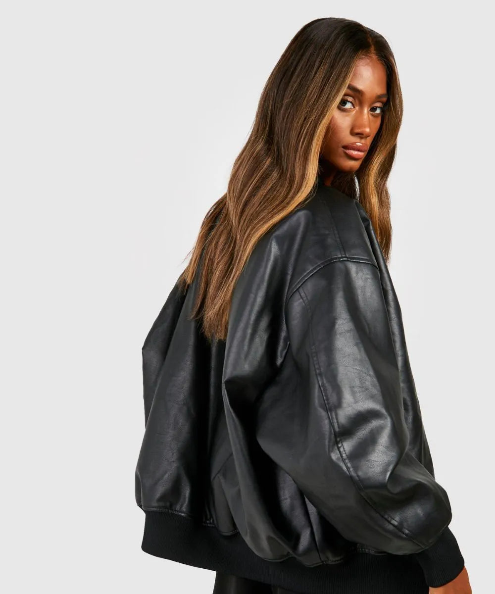 Oversized Black Leather Bomber Jacket