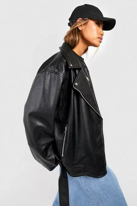 Women Oversized Belted Black Motorcycle Leather Jacket