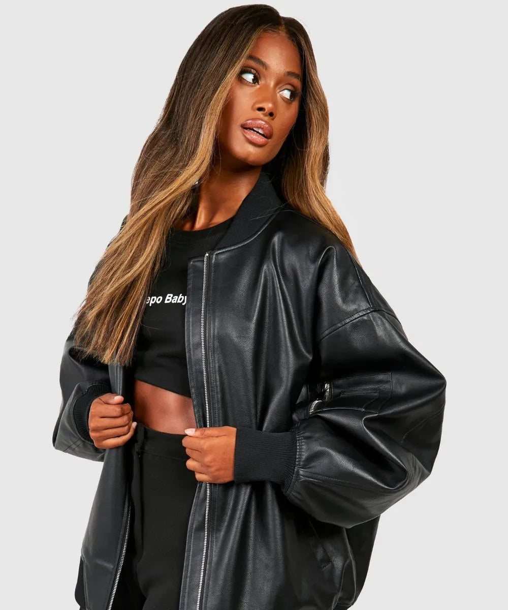 Oversized Black Leather Bomber Jacket