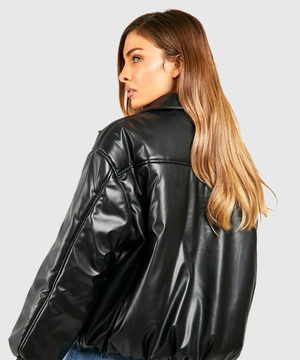 Padded Bomber Black Leather Jacket