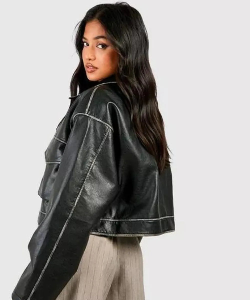 Women Vintage Pocket Detail Leather Jacket
