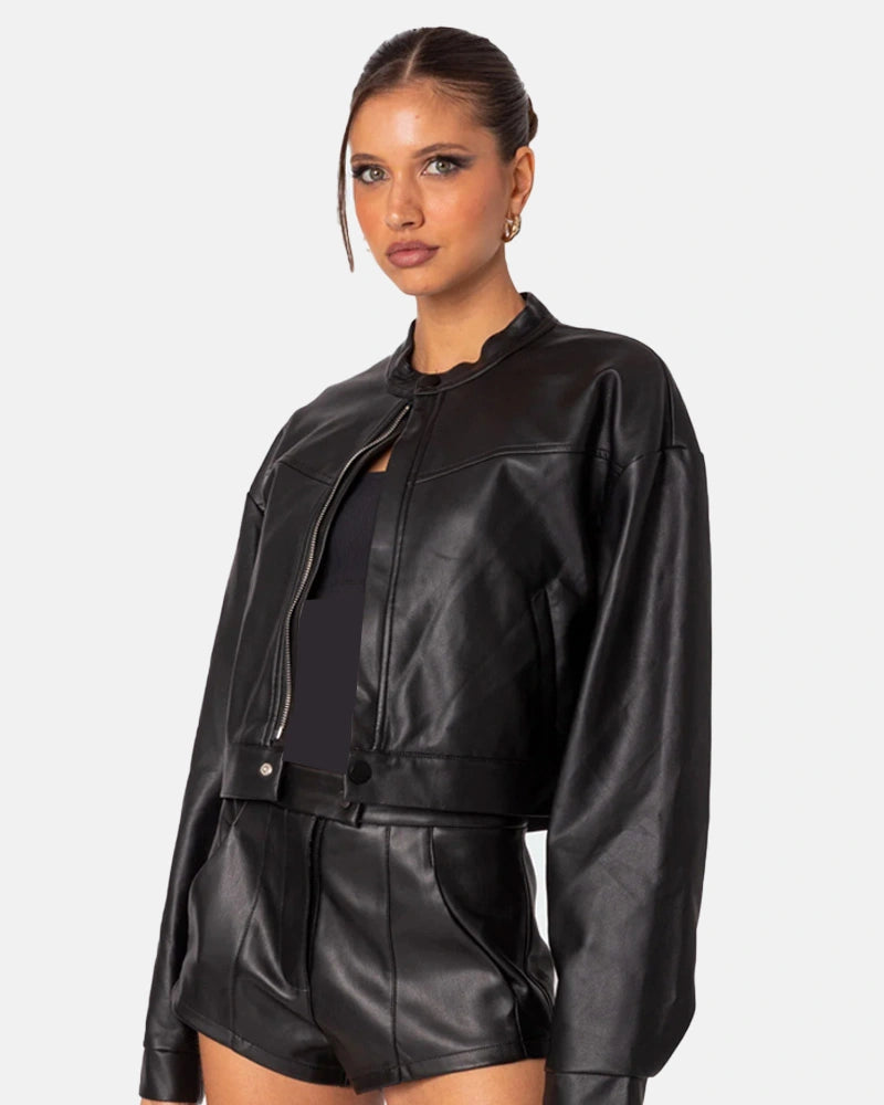 Black Faux Leather Cropped Jacket