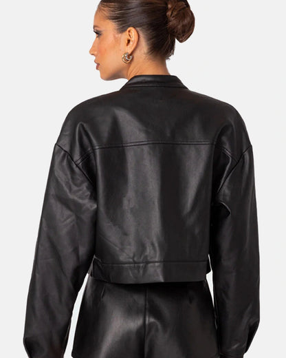 Black Faux Leather Cropped Jacket