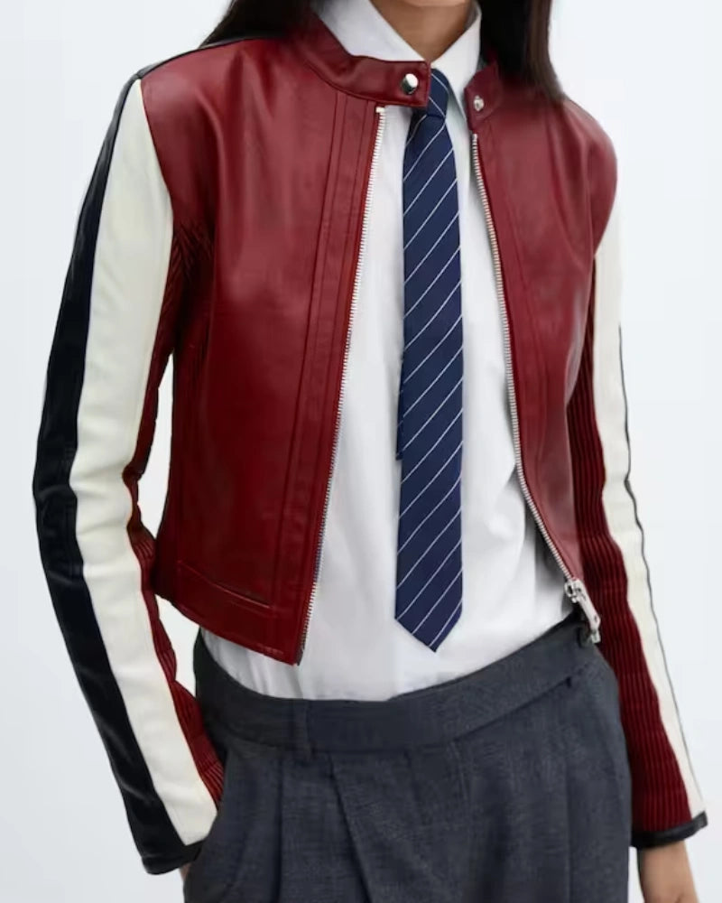 Red Cherry Crop Leather Jacket