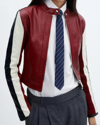 Red Cherry Crop Leather Jacket