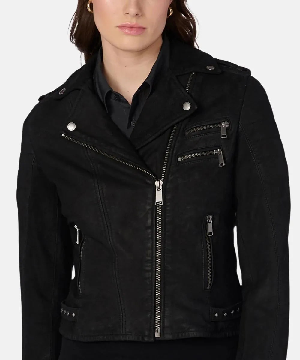 Quilted Shoulder Moto Leather Jacket