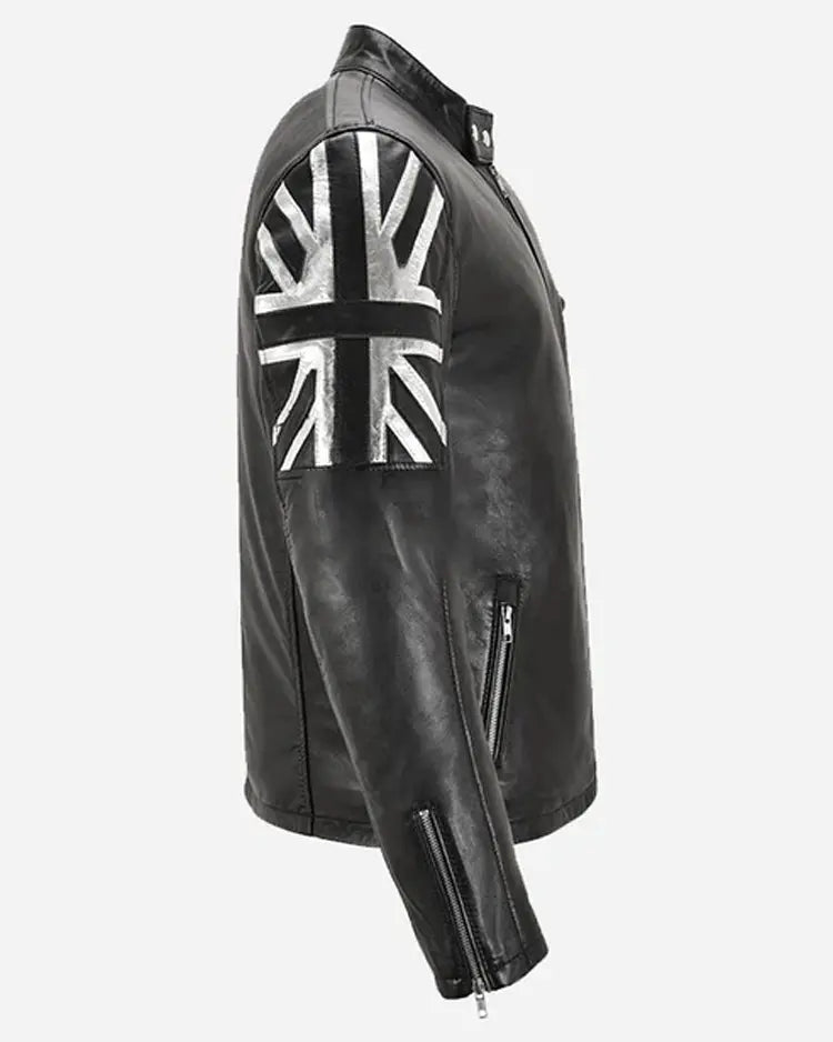 Union Jack Silver Black Leather Jacket
