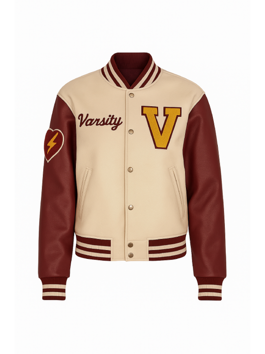 Beige ‘V’ Patch Wool Varsity Jacket