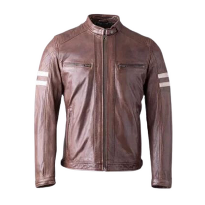 Men Cream Stripes Biker Leather Jacket