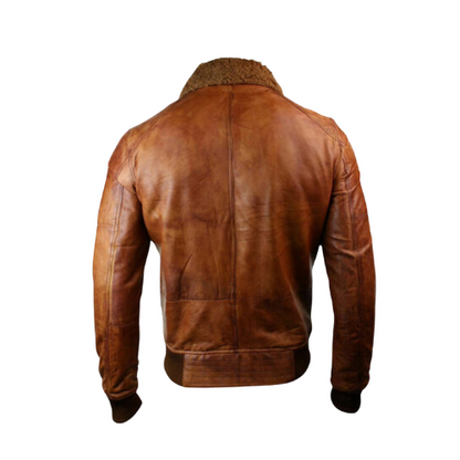 Men’s Brown Bomber Fur Collar Leather Jacket