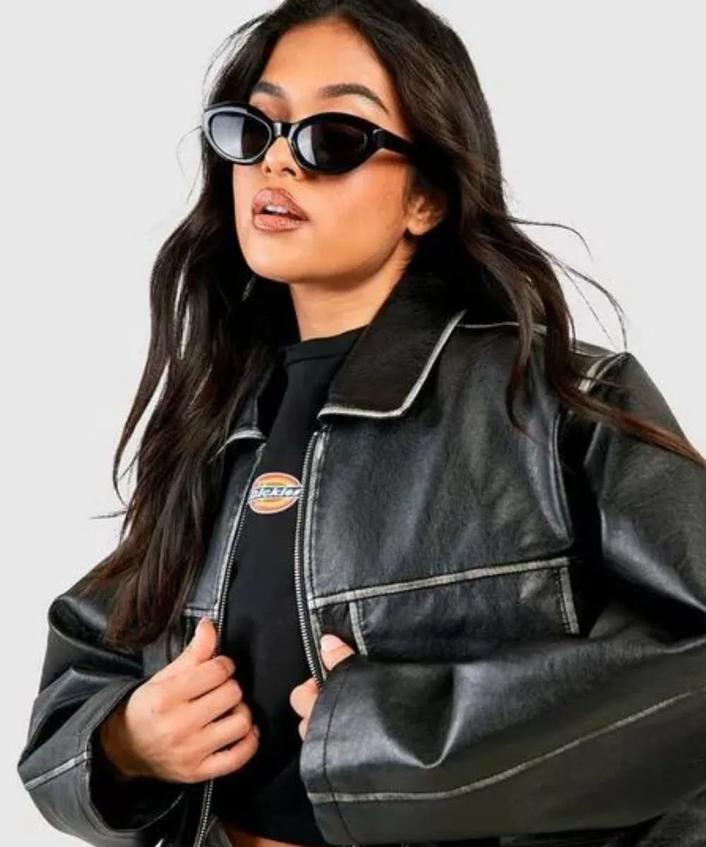 Women Vintage Pocket Detail Leather Jacket