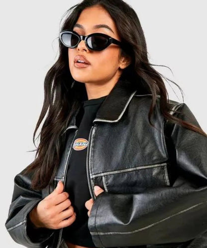 Women Vintage Pocket Detail Leather Jacket