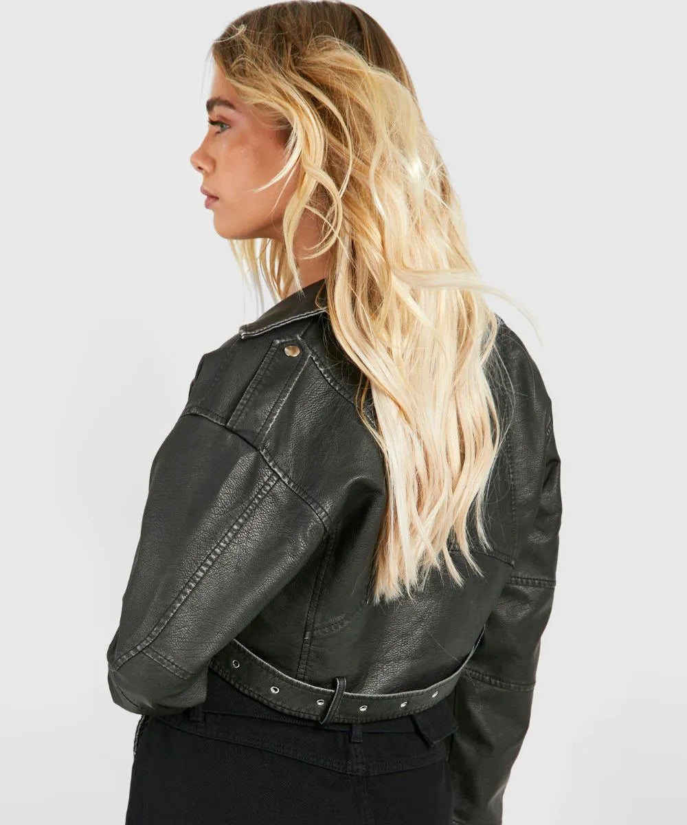Women Distressed Cropped Leather Jacket