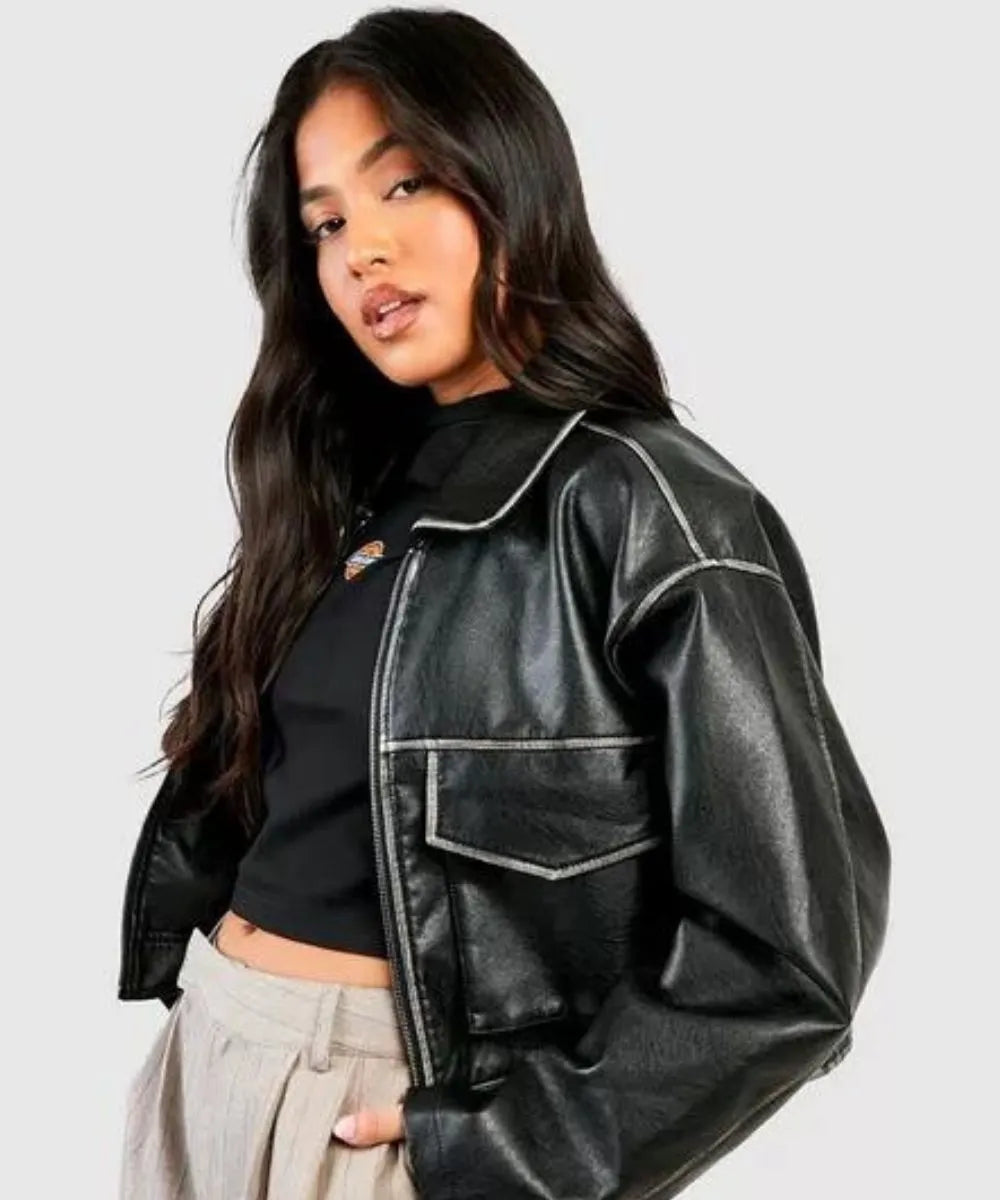 Women Vintage Pocket Detail Leather Jacket