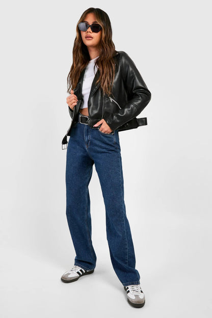 Women Black Belted Biker Leather Jacket