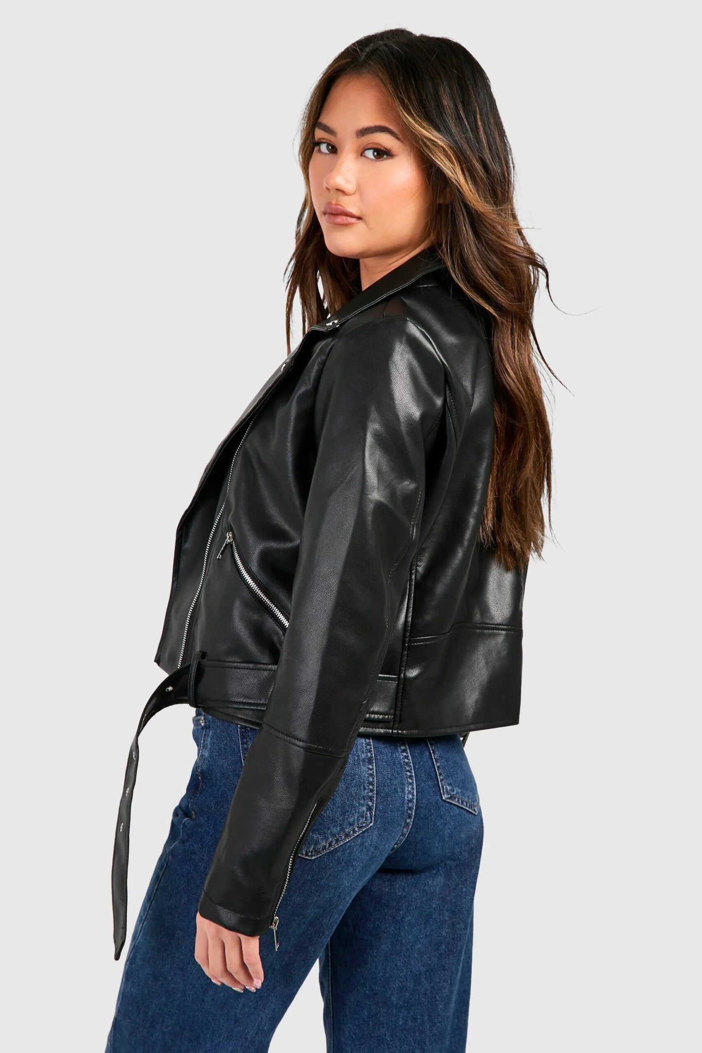 Women Black Belted Biker Leather Jacket