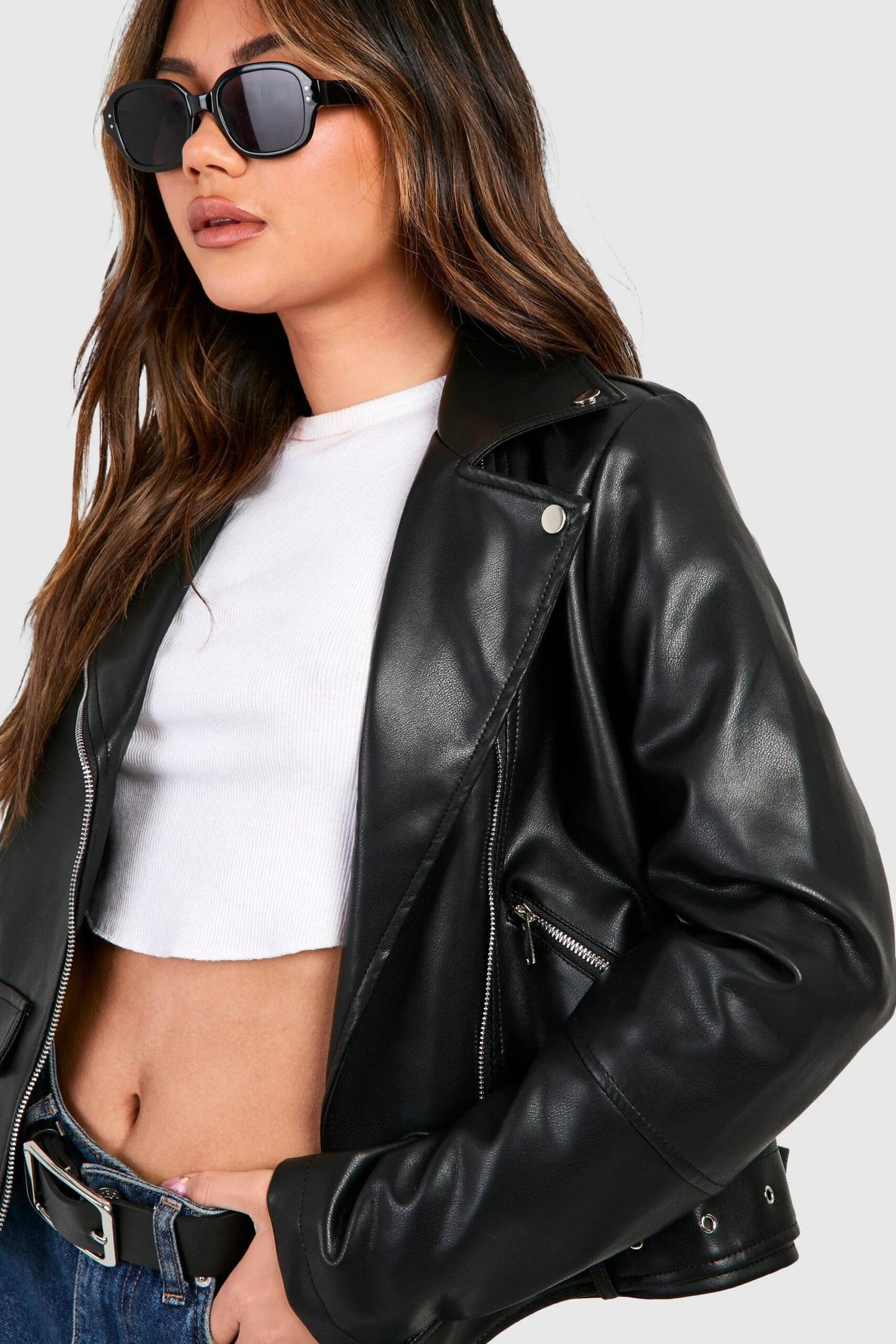 Women Black Belted Biker Leather Jacket