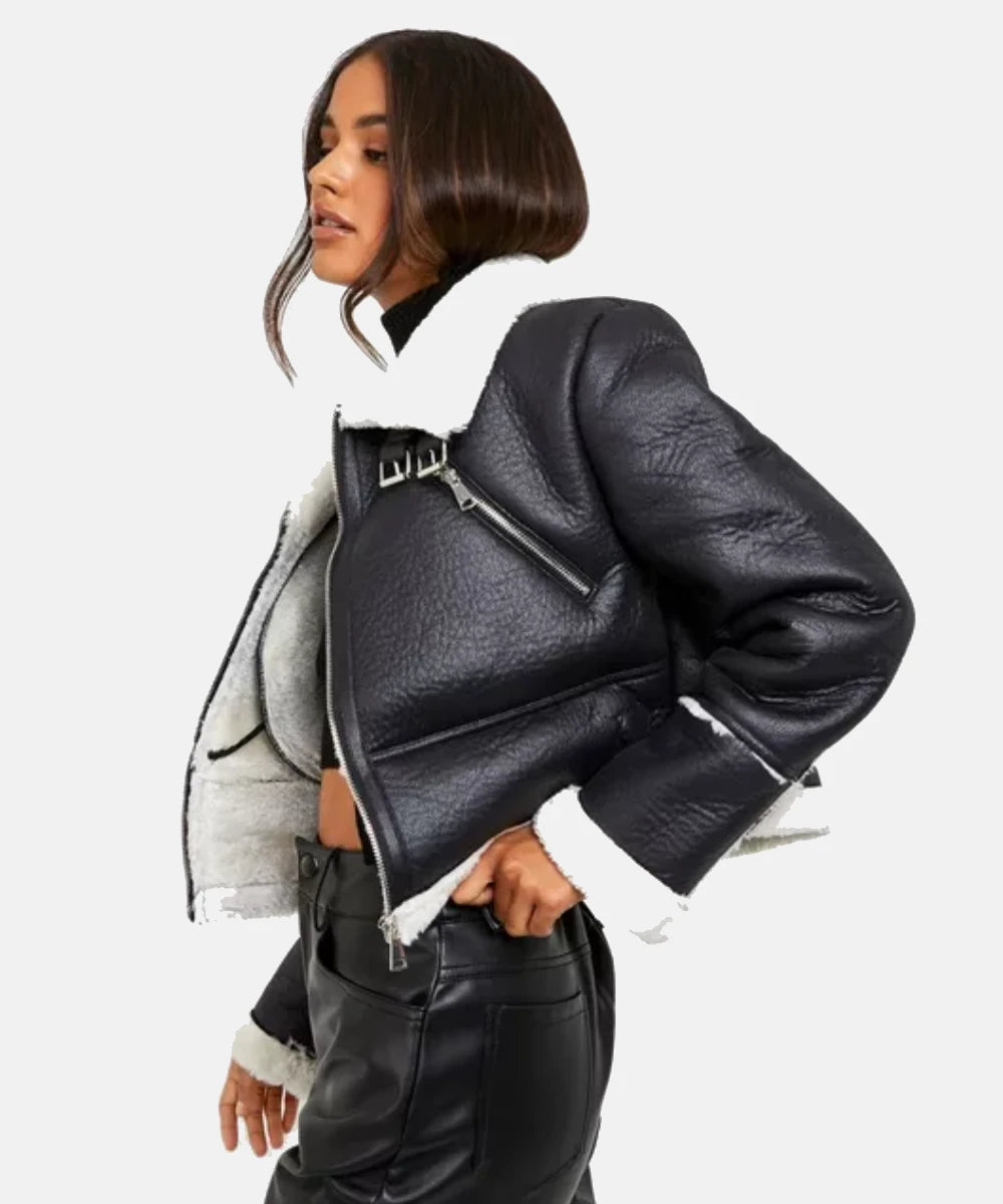Women Cropped Leather Shearling Jacket