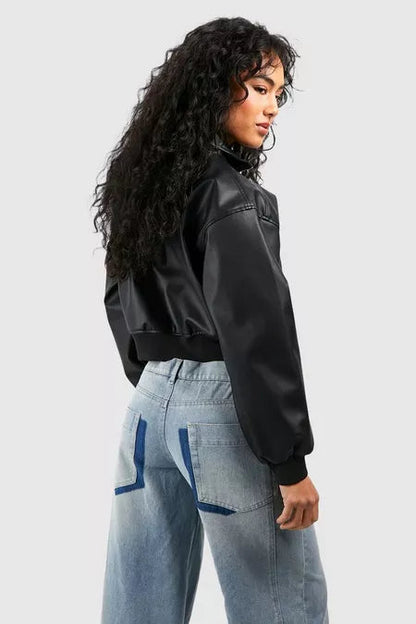 Women Cropped Leather Bomber Jacket
