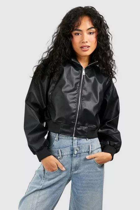 Women Cropped Leather Bomber Jacket