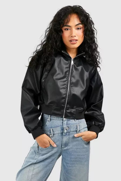 Women Cropped Leather Bomber Jacket