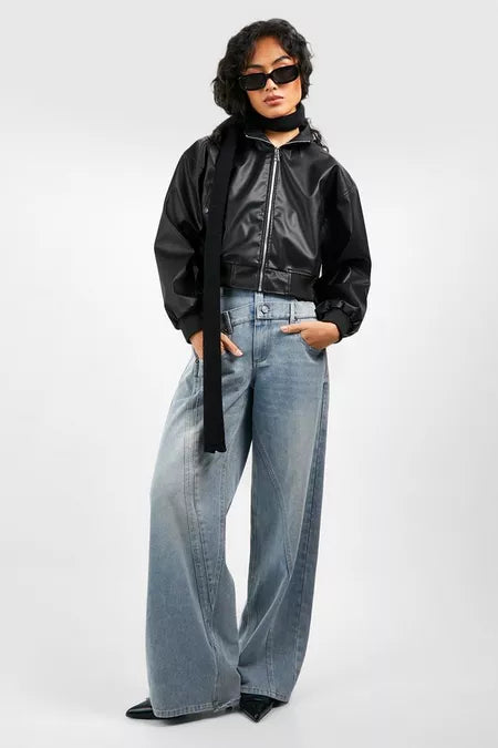 Women Cropped Leather Bomber Jacket