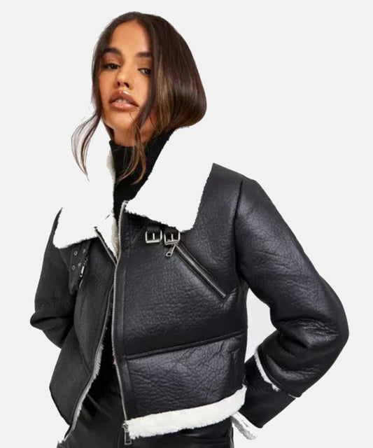 Women Cropped Leather Shearling Jacket