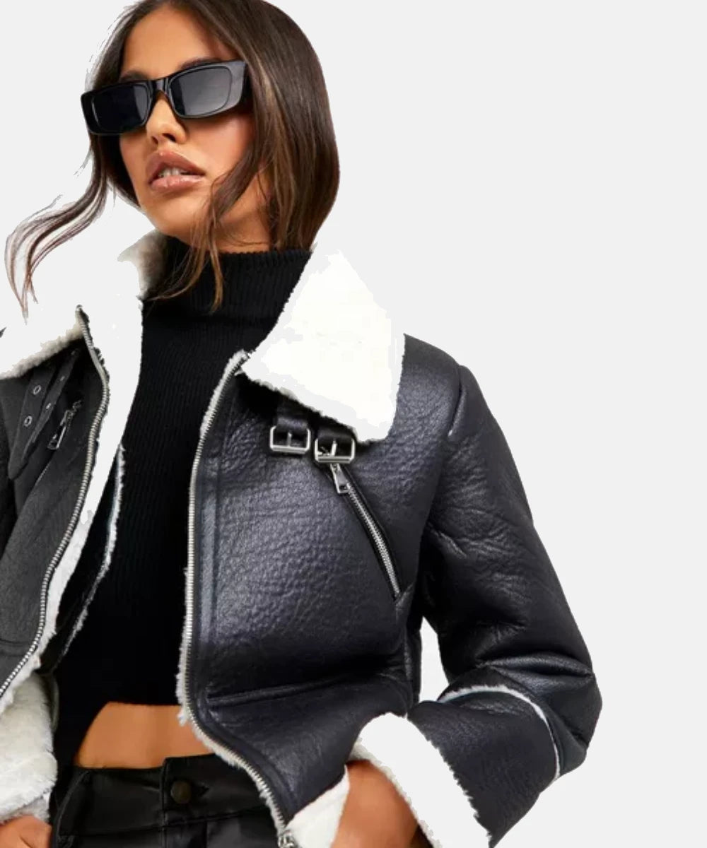 Women Cropped Leather Shearling Jacket