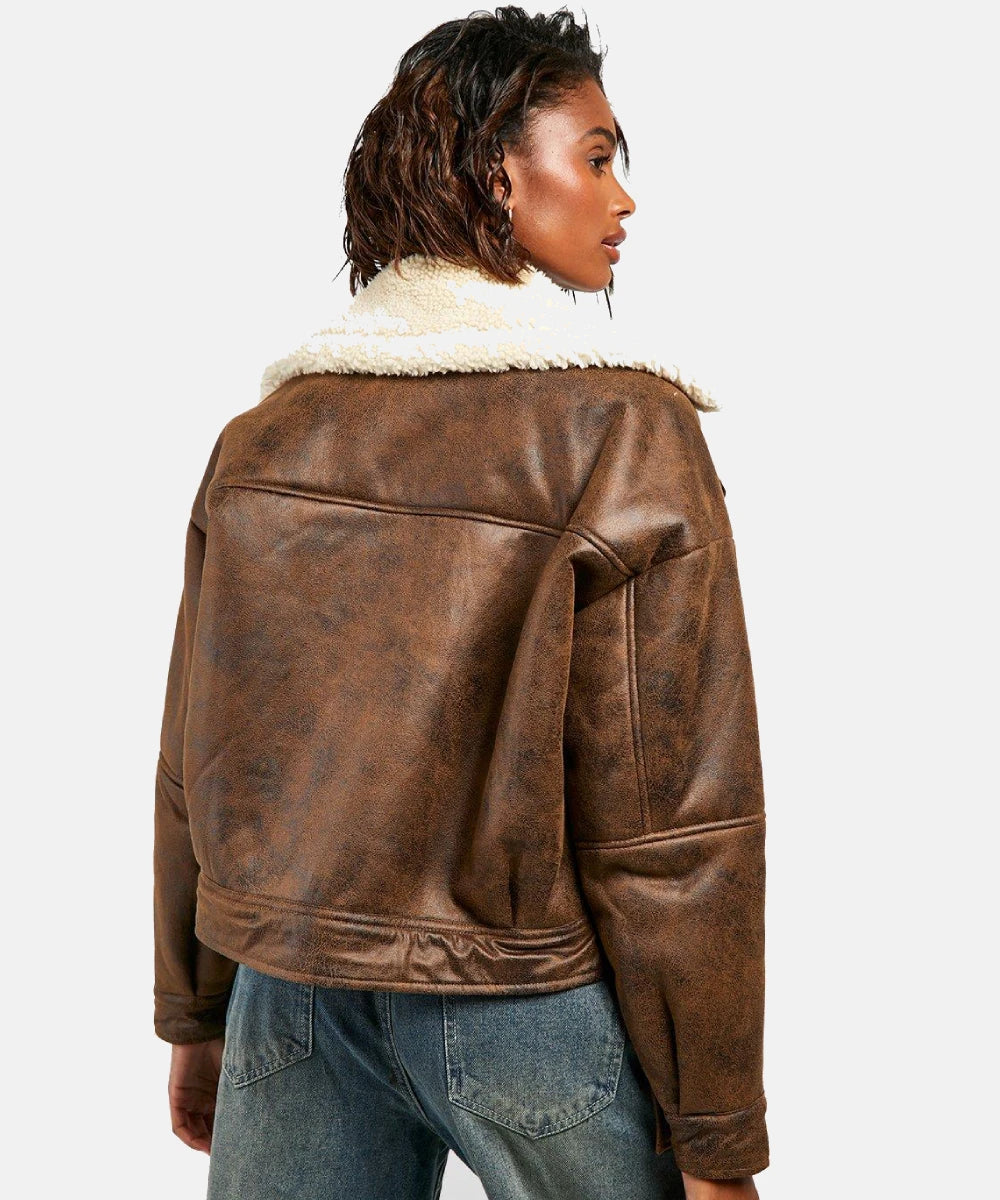 Women Vintage Wash Faux Leather Aviator Jacket