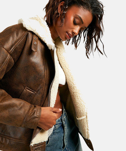 Women Vintage Wash Faux Leather Aviator Jacket