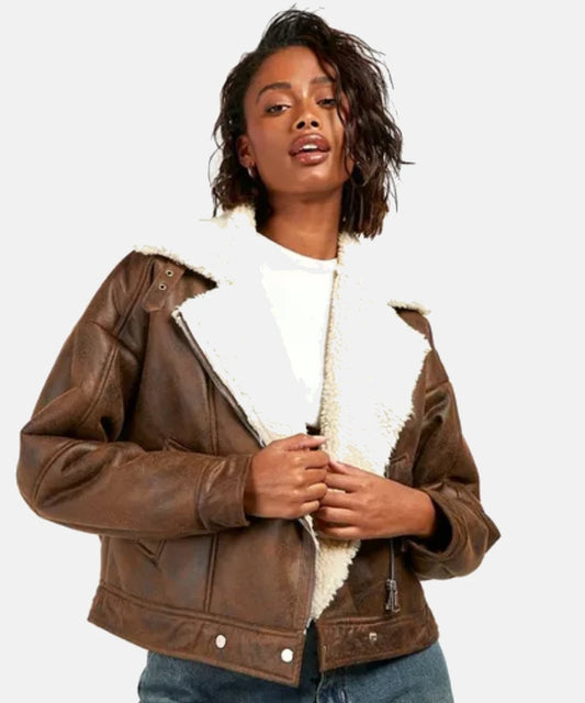 Women Vintage Wash Faux Leather Aviator Jacket