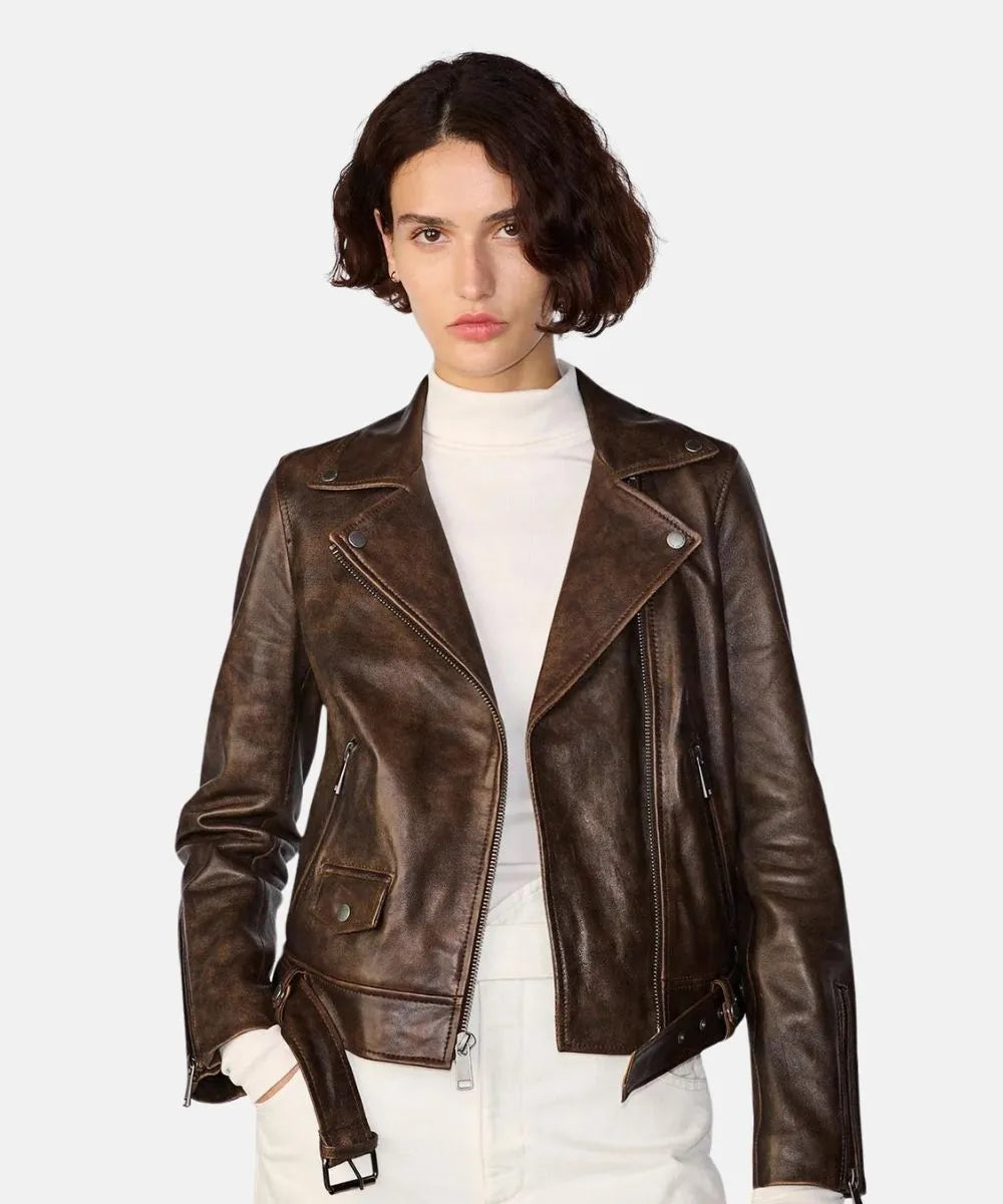 Distressed Brown Moto Jacket