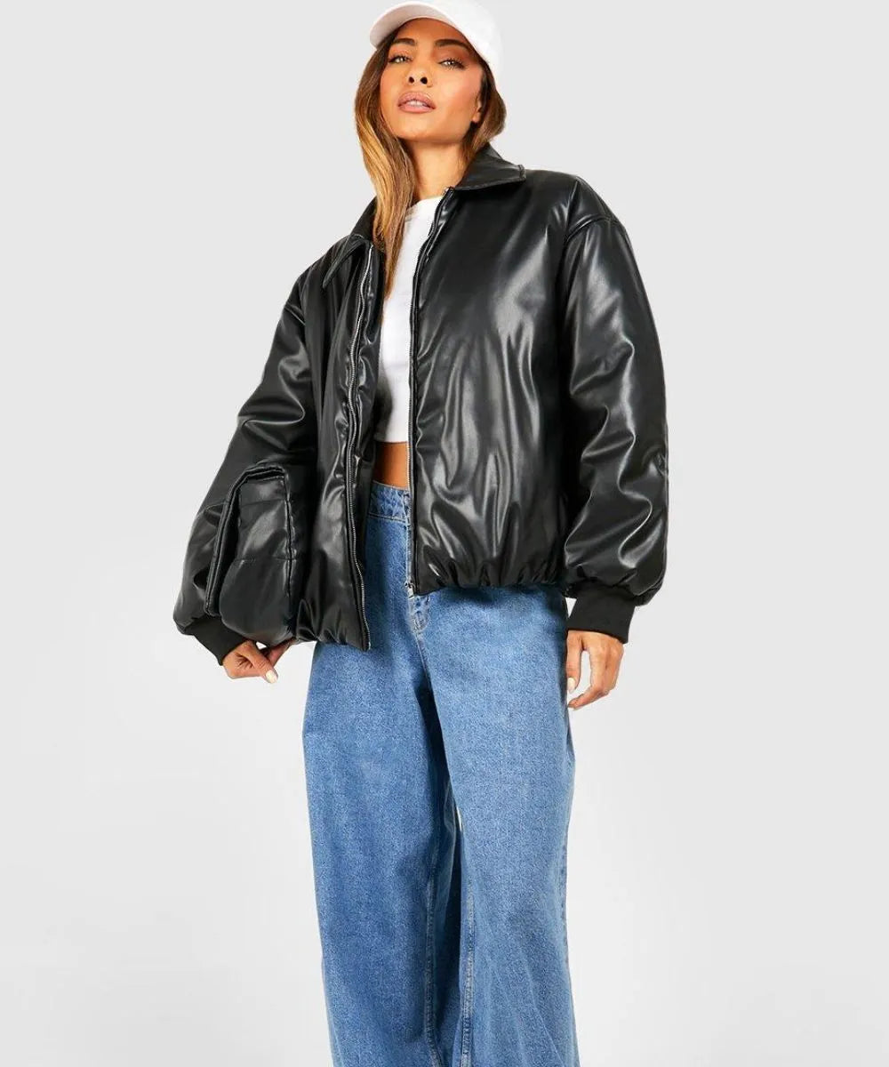 Padded Bomber Black Leather Jacket