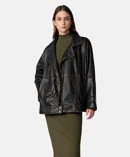 Oversized Moto Black Leather Jacket