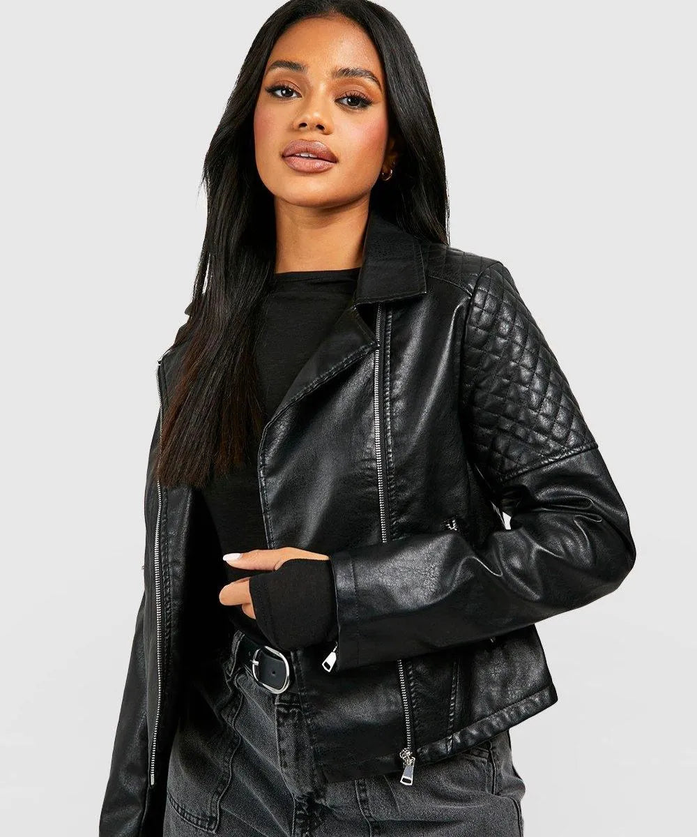 Women Durable Black Biker Leather Jacket