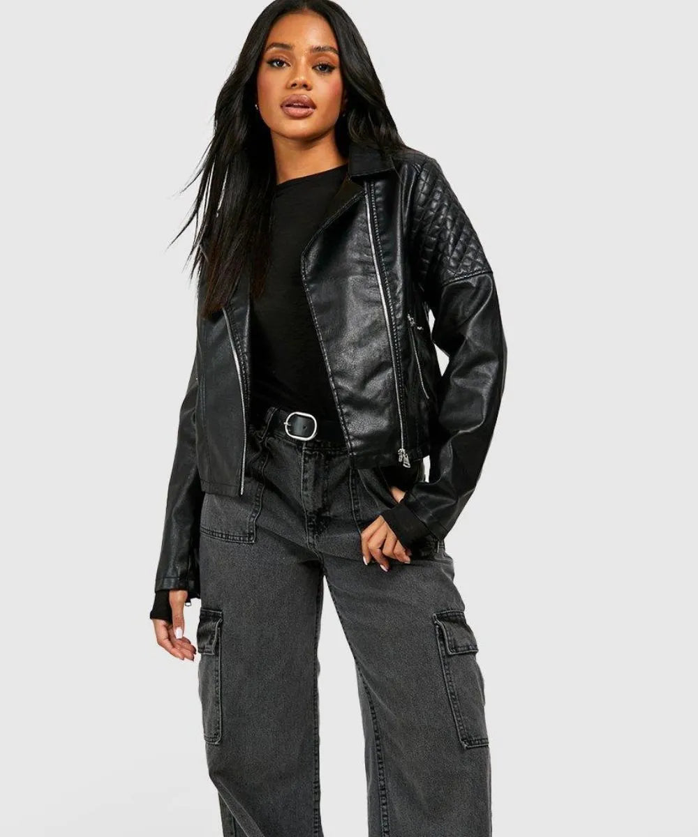 Women Durable Black Biker Leather Jacket