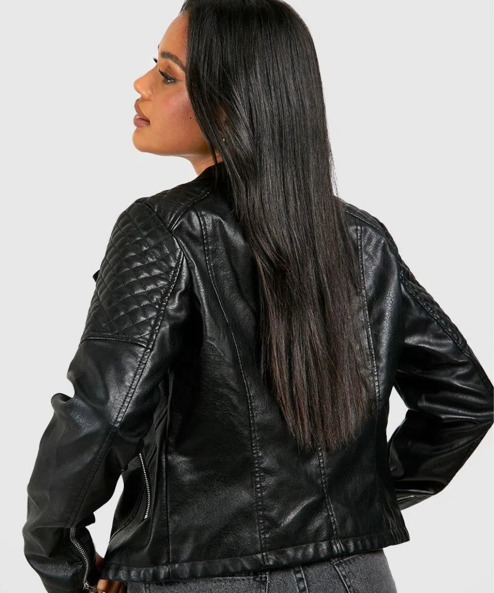 Women Durable Black Biker Leather Jacket