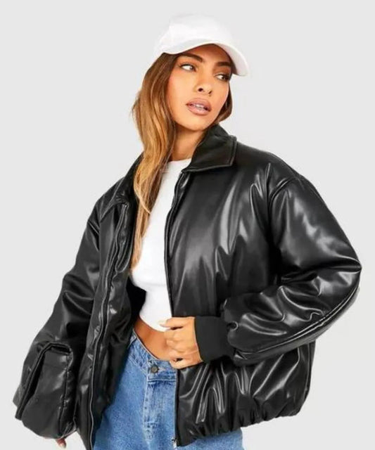 Padded Bomber Black Leather Jacket