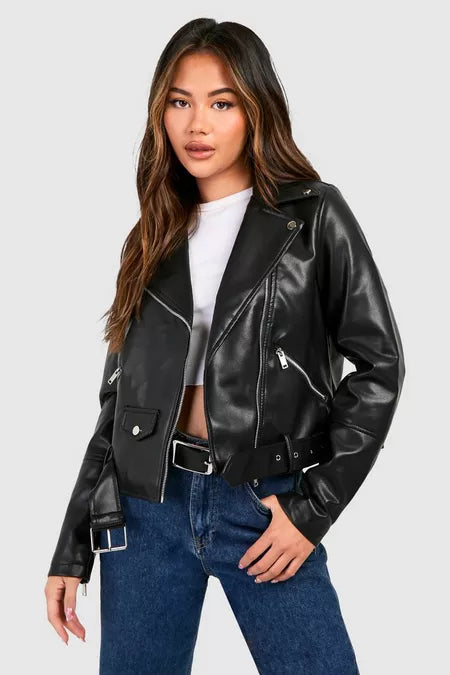 Women Black Belted Biker Leather Jacket