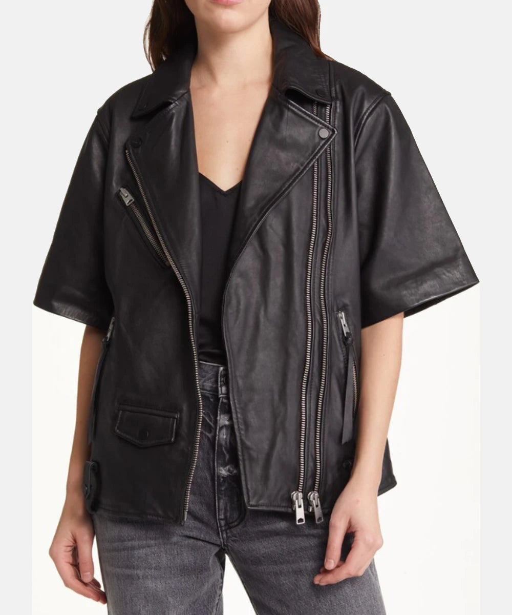 Short Sleeve Leather Motorcycle Jacket