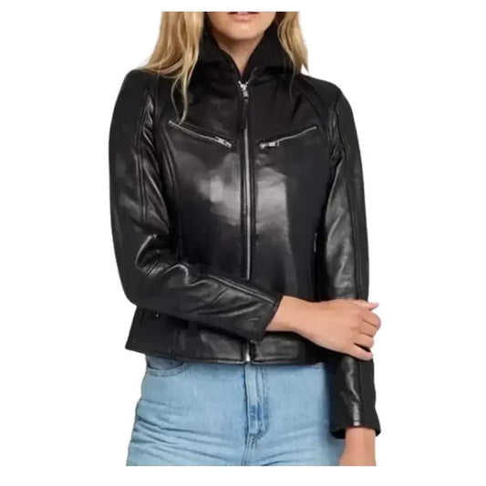 Women’s Black Leather Jacket With Hood