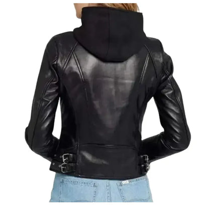 Women’s Black Leather Jacket With Hood