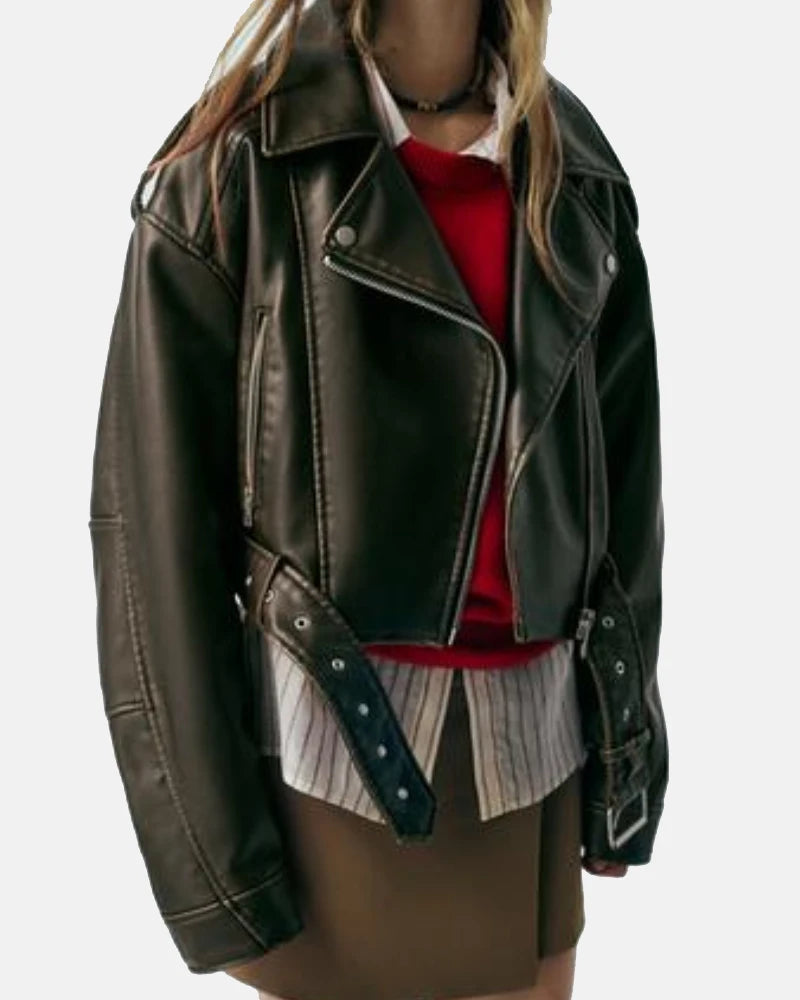 Leather Effect Cropped Biker Jacket