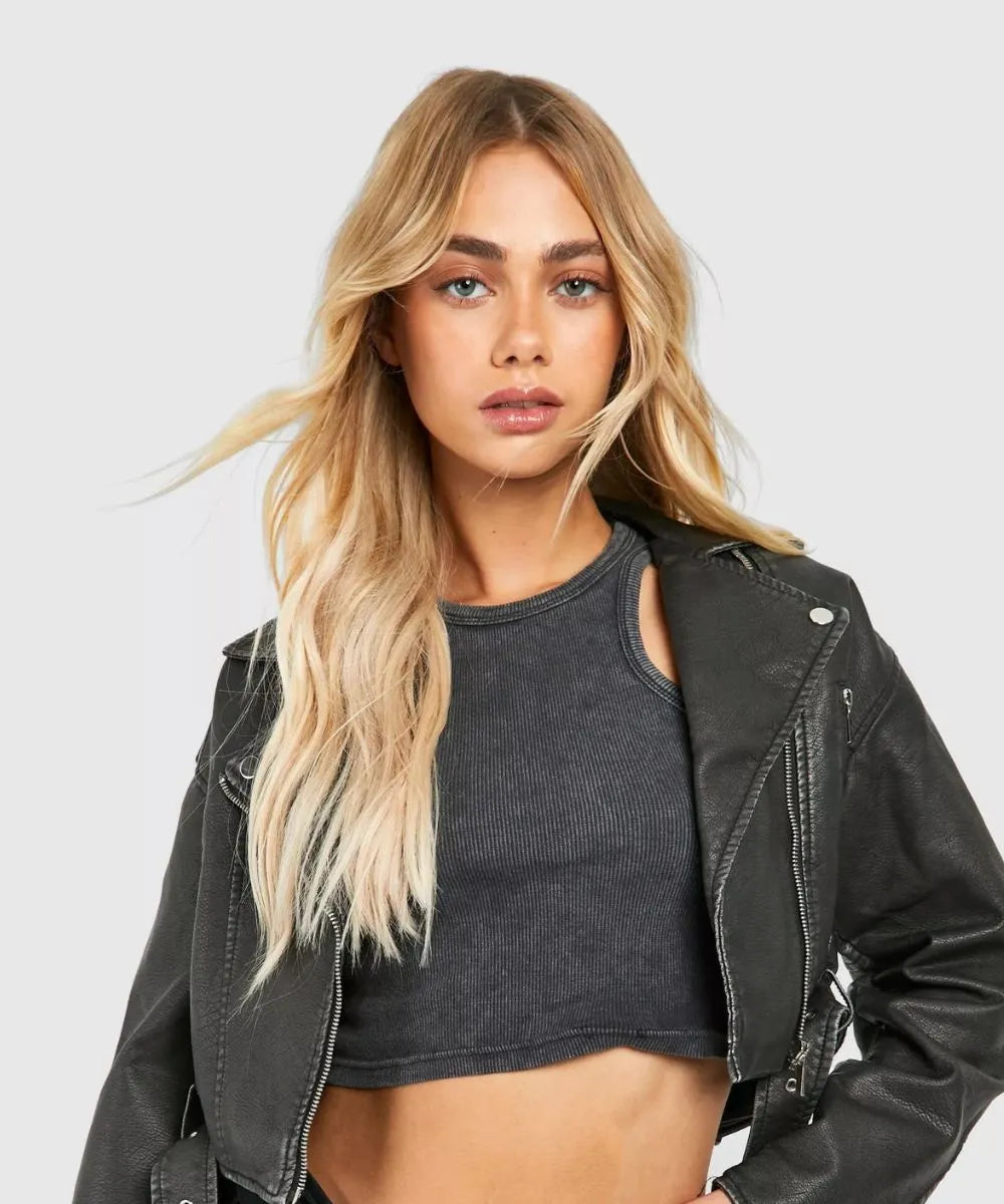 Women Distressed Cropped Leather Jacket