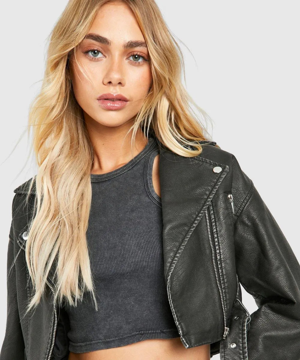 Women Distressed Cropped Leather Jacket