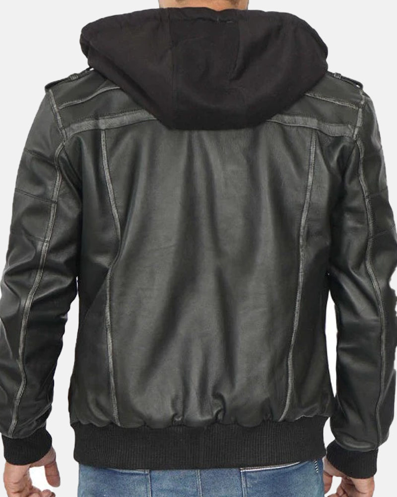 Captain Grey Leather Jacket Removable Hood