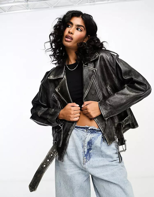 Oversized leather jacket in washed black